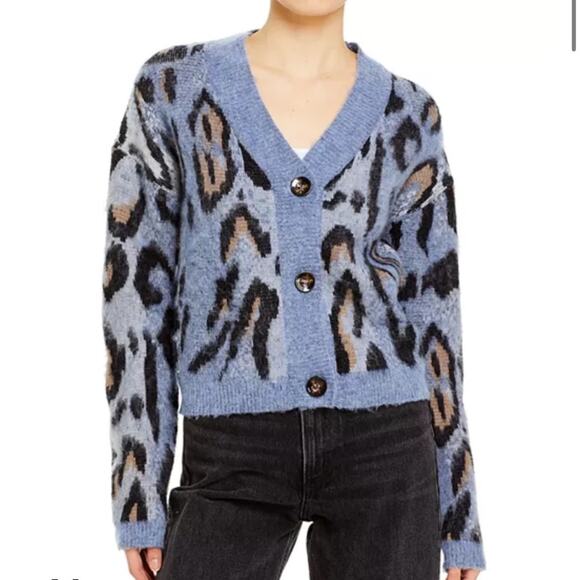 Aqua Leopard Print Blue Cardigan Sweater women size S wool blend - Picture 1 of 10